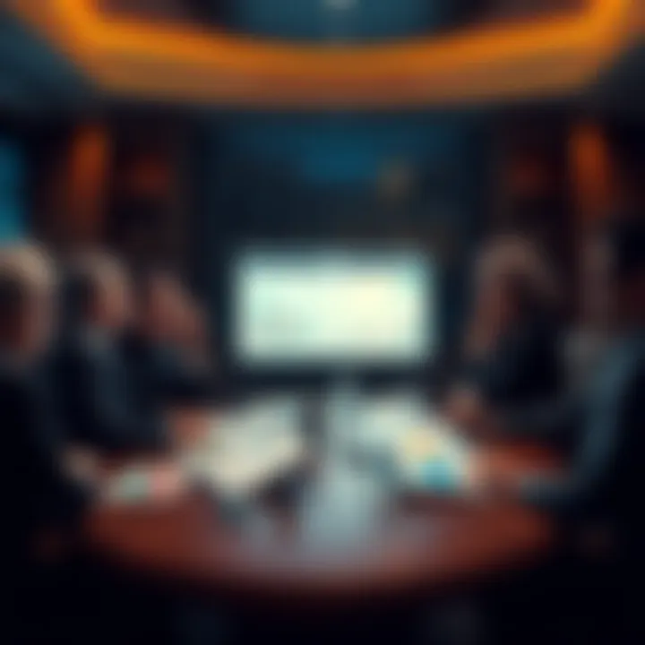 A group of people discussing investment opportunities at a round table with charts and graphs on display