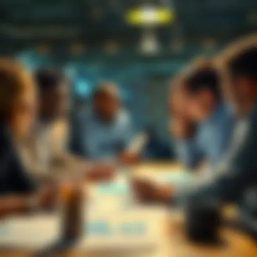 A group of people discussing investment opportunities and strategies around a table with charts and graphs, focusing on a project.