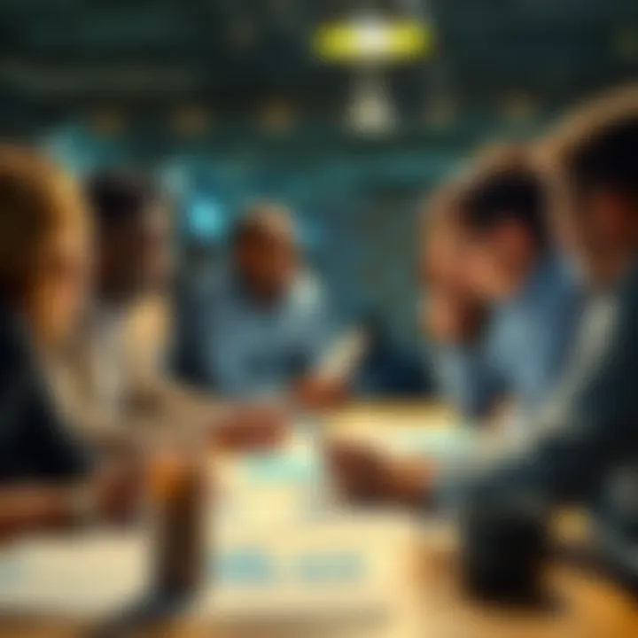 Investment Community Discussion A group of people discussing investment opportunities and strategies around a table with charts and graphs, focusing on a project.