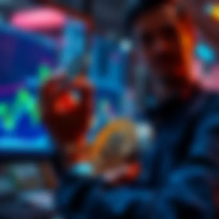 A person looking at cryptocurrency graphs and charts while holding altcoins.