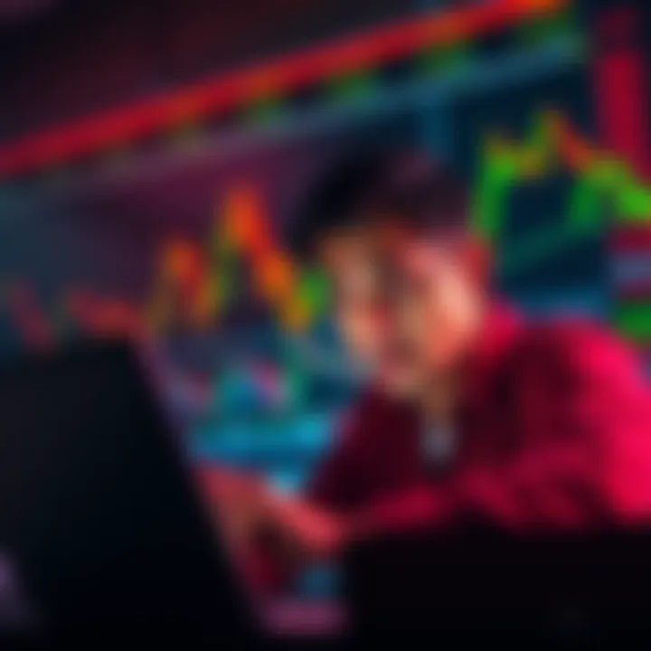 A person looking worried while checking stock market trends on their laptop, with graphs showing fluctuations in the background.