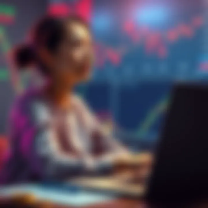 A young woman contemplating whether to invest in cryptocurrencies or stocks, surrounded by financial graphs and a laptop.