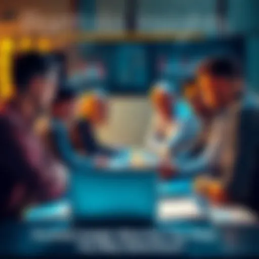 A group of people discussing investment strategies and market trends around a table with charts and a laptop, inviting diverse opinions.