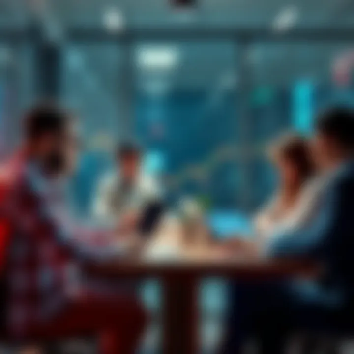 A group of people discussing their investment portfolios at a table with charts and laptops, seeking feedback and advice.