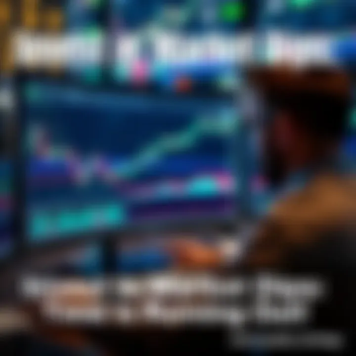 Investment Strategy A person analyzing stock market trends on a computer with charts showing dips and rises, emphasizing the importance of buying during market dips.