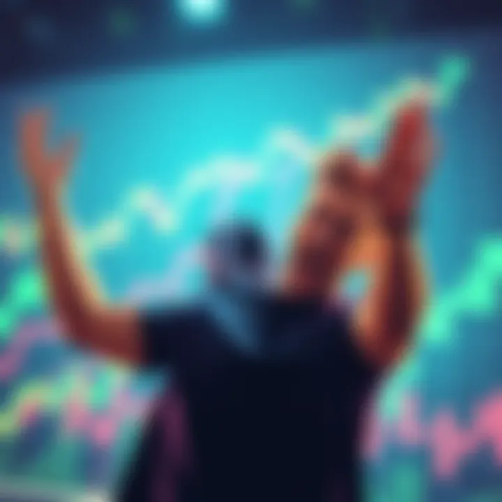 A person excitedly buying Ethereum, with a chart showing upward trends in the background.