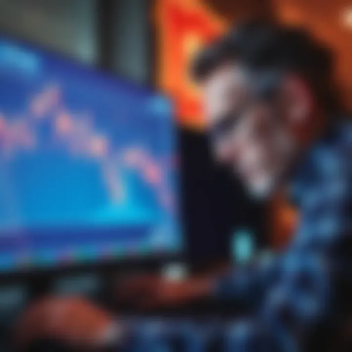 A worried investor studies a Bitcoin price chart on a computer screen, showing a sharp decline.