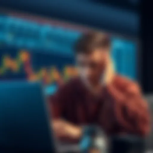 A young investor looks stressed while checking cryptocurrency prices on a laptop, with charts showing downward trends.
