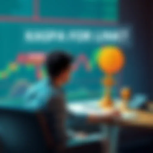 Person sitting at a desk with charts and cryptocurrency symbols for KASPA and LINK