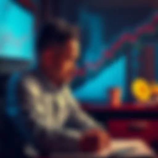A 41-year-old investor sitting at a desk, contemplating Bitcoin's advantages over traditional investments, with graphs showing growth in the background.