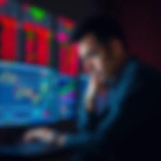 A worried investor analyzing stock charts on a computer screen, contemplating decisions about selling and buying stocks.