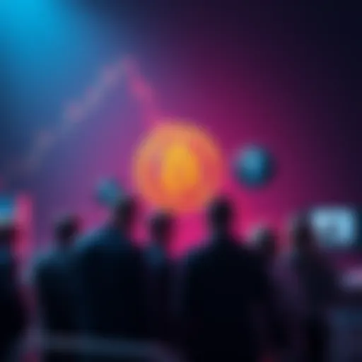 Group of investors discussing cryptocurrency trends with Bitcoin and Ethereum logos
