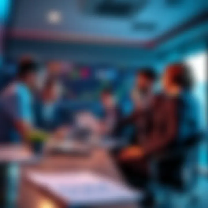 A group of investors looking at stock market charts and discussing investment options in a meeting room.