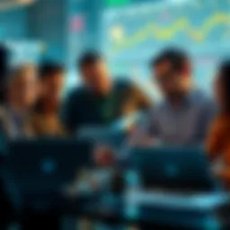 A diverse group of investors discussing and analyzing data on cryptocurrency projects, with laptops and charts in view