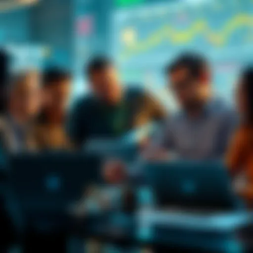 A diverse group of investors discussing and analyzing data on cryptocurrency projects, with laptops and charts in view