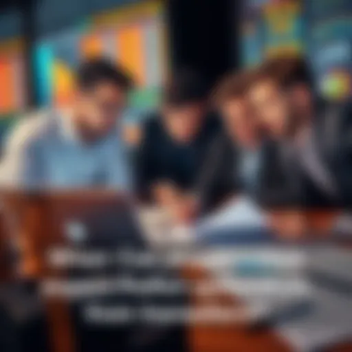 A group of investors examining graphs and charts on a laptop, discussing profit timelines and strategies, with financial documents on the table.
