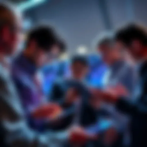 A group of investors looking at graphs and charts on digital devices, focused on the concept of centralization in cryptocurrency.