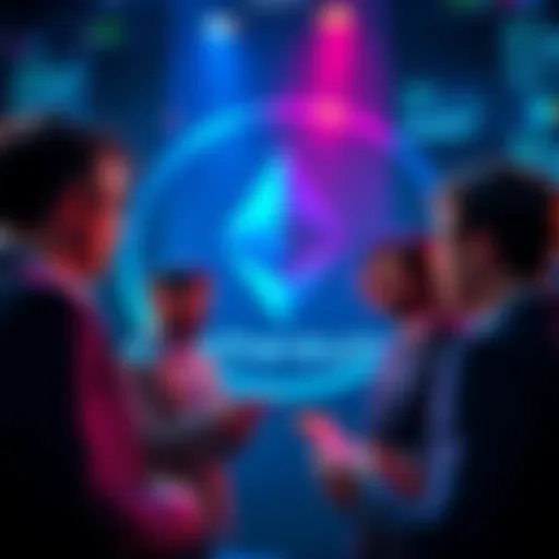 Group of investors discussing strategies with Ethereum logo in the background