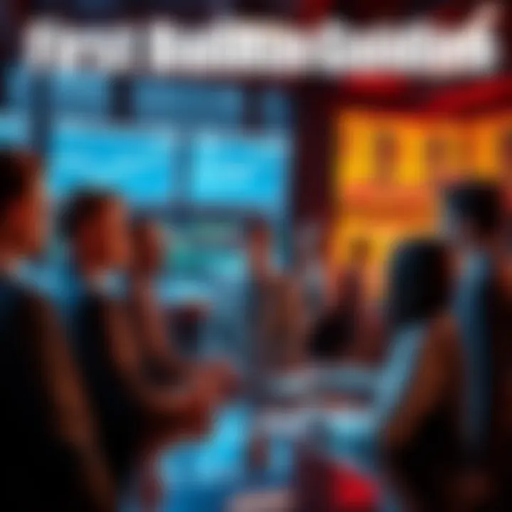 A group of new investors discussing strategies for their first bull run, with charts and social media on screens in the background.