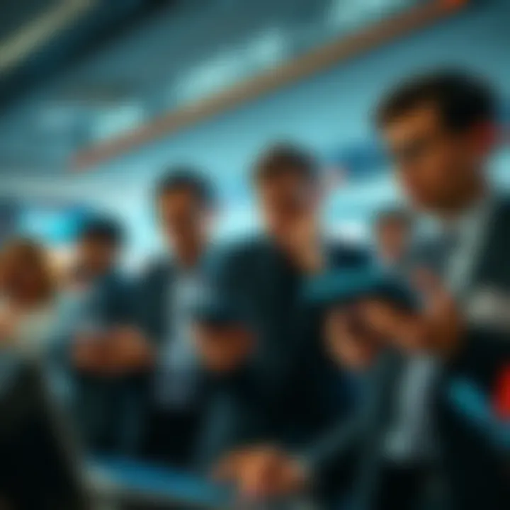 A group of investors looking worried while checking their stock market graphs on digital devices.