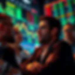A group of investors looking at stock market charts with expressions of concern and excitement, symbolizing the impact of greed during a bull market.