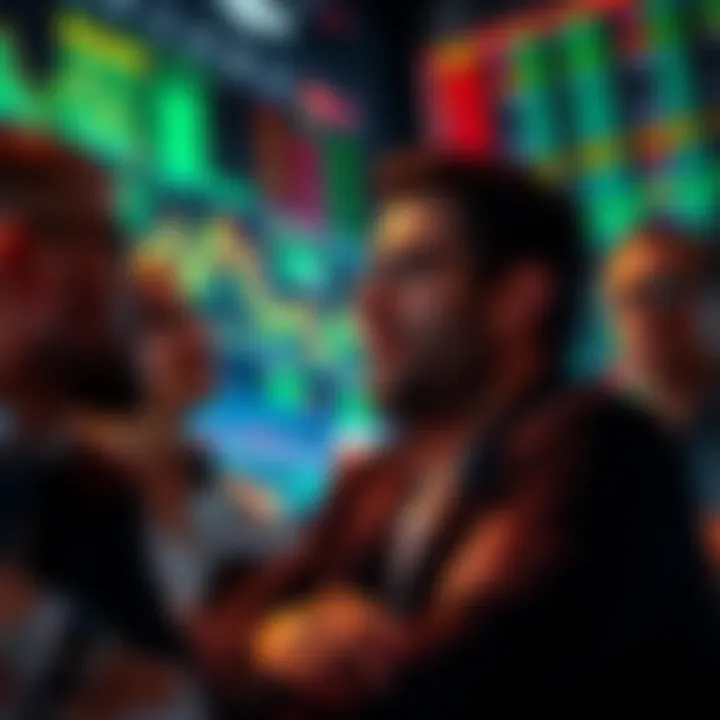 A group of investors looking at stock market charts with expressions of concern and excitement, symbolizing the impact of greed during a bull market.