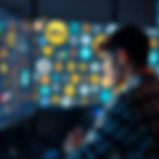 A young man looking at a computer screen filled with various cryptocurrency logos, illustrating his investment in altcoins.
