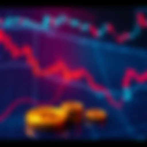 Graphic showing a market chart with a downward trend and crypto coins representing investor activity