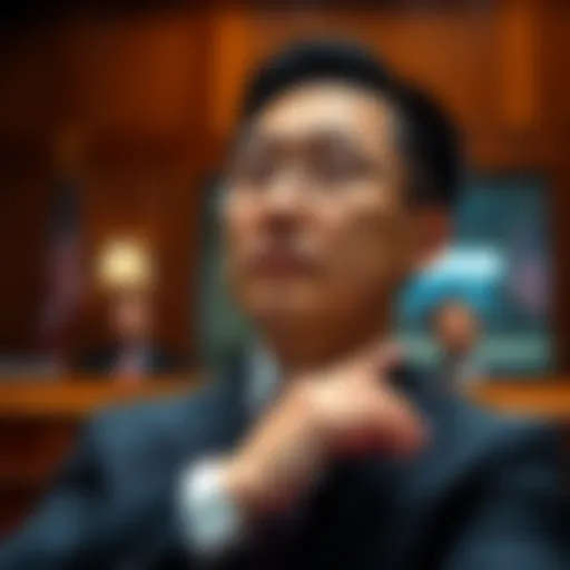 Justin Sun in a courtroom setting, taking legal action against Bloomberg over TRON token ownership claims