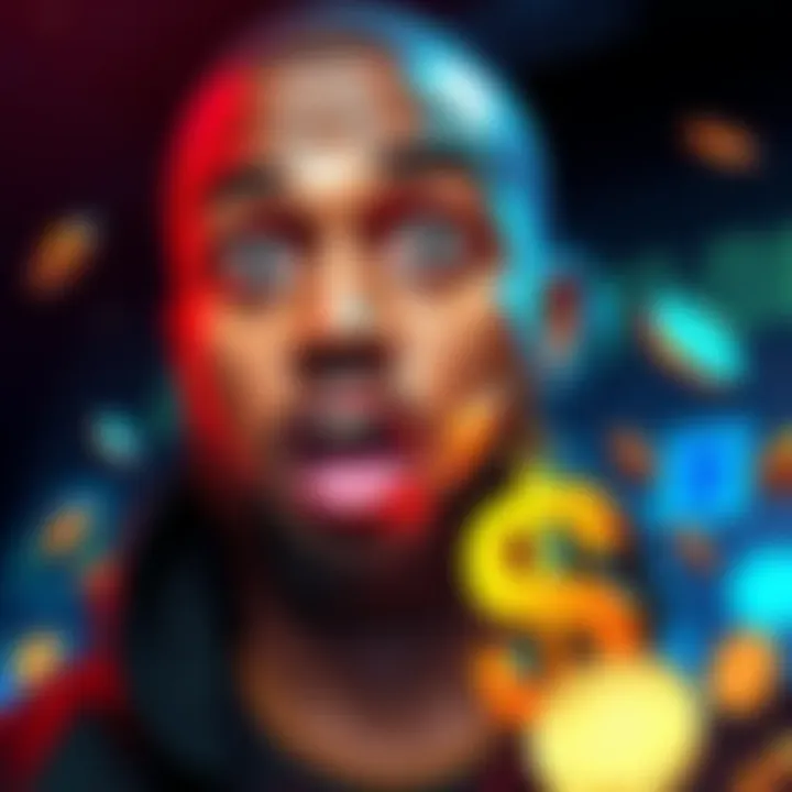 Kanye West looking surprised with a dollar sign and coins around him, representing the $YZY token launch controversy.