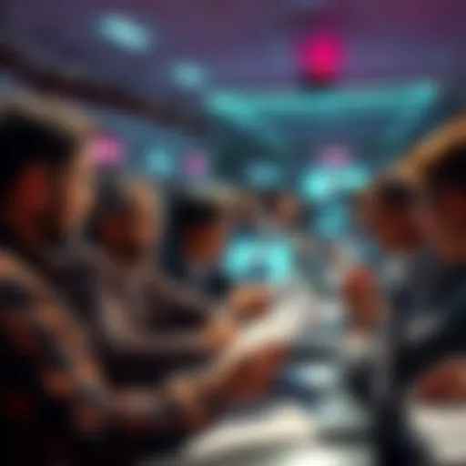 People discussing Kaspa's smart contracts, with computers and documents in a forum setting