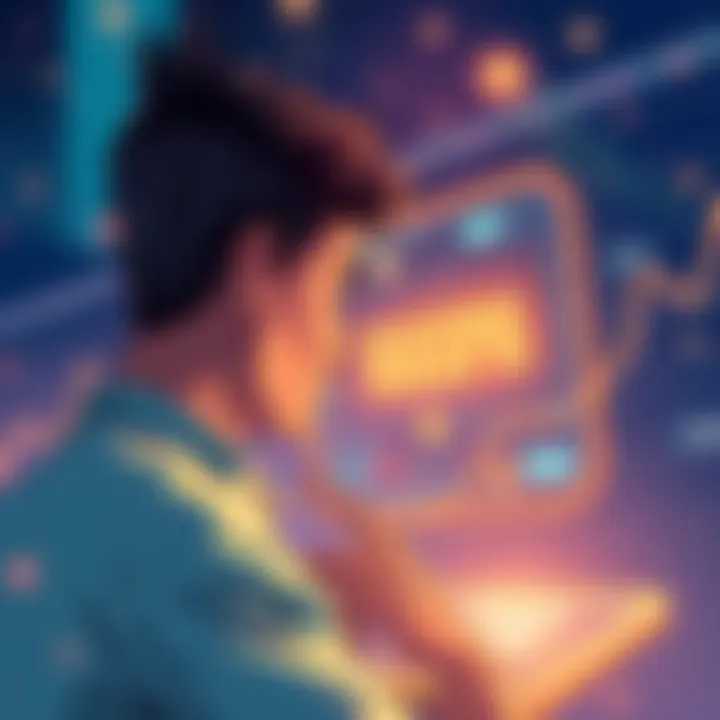 Kaspa Smart Contracts Launch An illustration showing a digital representation of a smart contract with a worried investor looking on, symbolizing uncertainty in Kaspa's future.