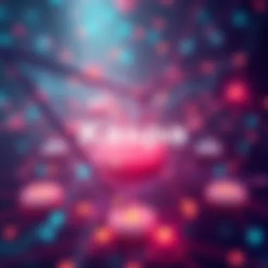 A digital illustration showing a network with smart contracts and decentralized applications connecting on the Kaspa blockchain.