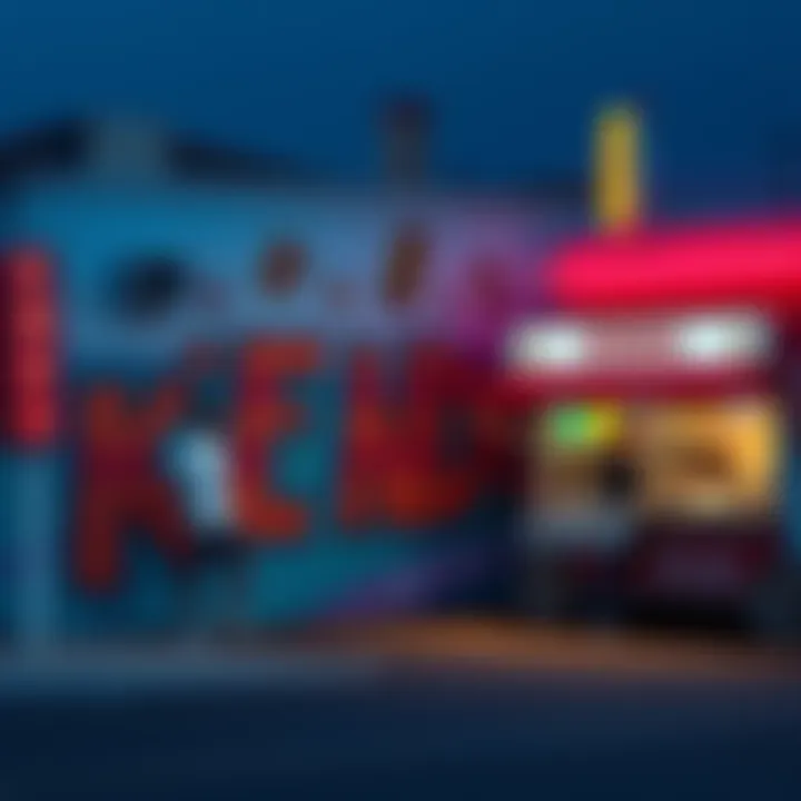 A colorful mural promoting Kendu alongside a hot dog stand with energy drinks and animated art in the background