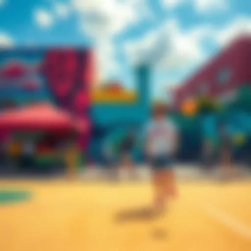 Colorful murals representing Kendu's brand initiatives, with people enjoying a hot dog stand and participating in a pickleball tournament.