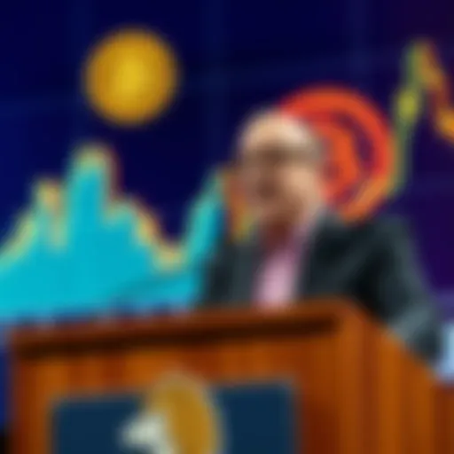 Harvard economist Kenneth Rogoff speaks at a podium, acknowledging his error about Bitcoin's future value with a graph showing Bitcoin's price fluctuations behind him.