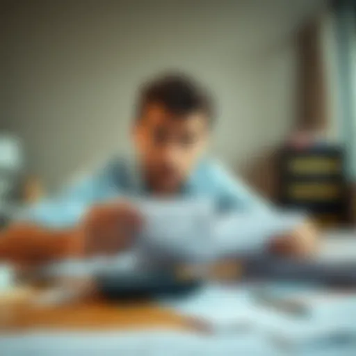 A person looking worried while reviewing Koinly tax report costs and paperwork, with a calculator and bills on the table.