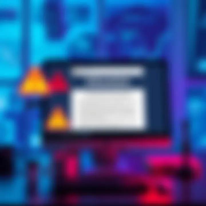 A computer screen showing a suspicious email about a deposit change from Kraken, with warning signs illustrated