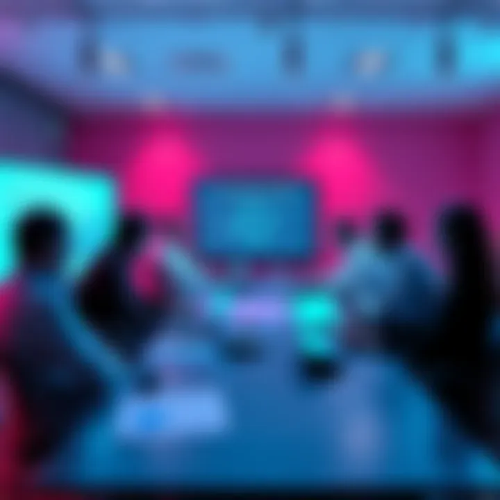 A group of people discussing blockchain topics in a conference setting, with charts and devices on the table.