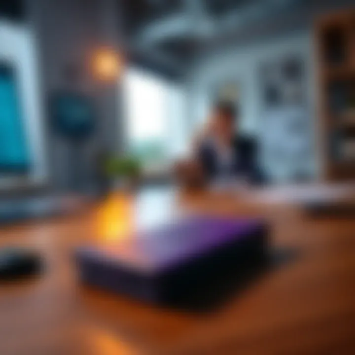 A Ledger Nano X Purple cryptocurrency wallet placed on a wooden desk with a concerned person in the background