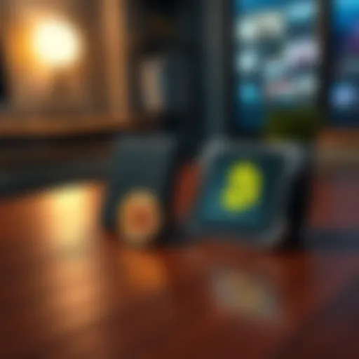 A Ledger hardware wallet and a Trezor hardware wallet placed on a wooden table next to a small Bitcoin symbol.