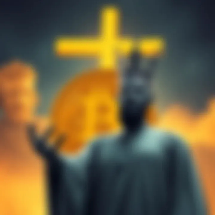 A person resembling Leemon stands beside the Bitcoin symbol, with a background showing a cross symbol to signify the connection to Jesus.