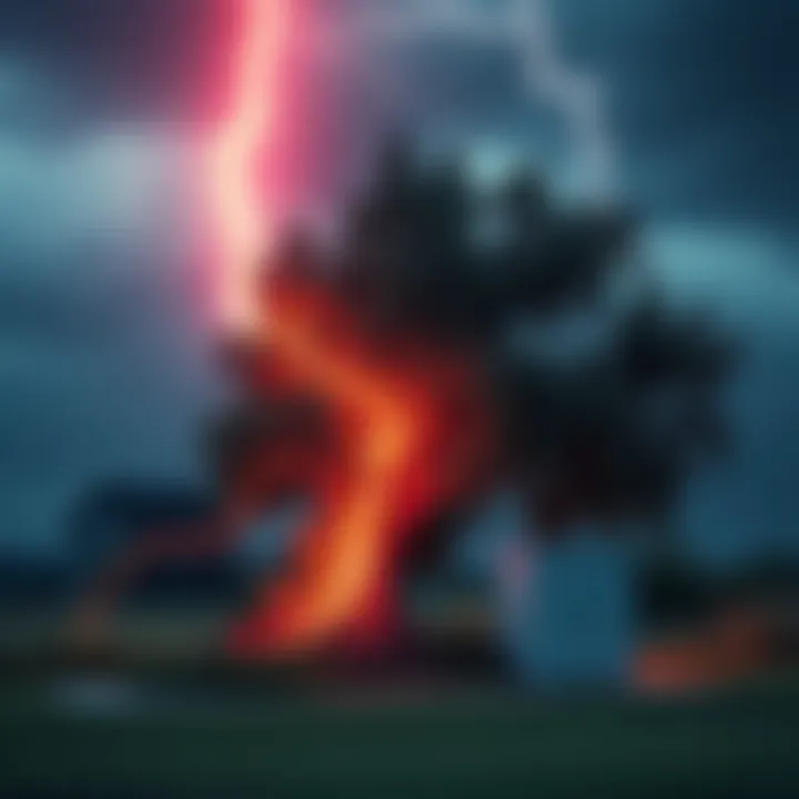 Tree struck by lightning with damaged area visible; nearby hotspot enclosure appears inactive after storm.