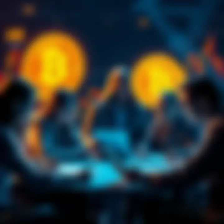 A visual representation of a group of people strategizing a cryptocurrency heist involving Litecoin, with a digital backdrop of Litecoin symbols and charts depicting market changes.