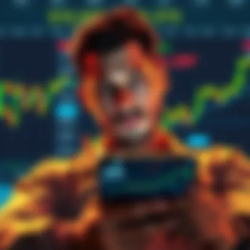 A person contemplating a $30,000 investment in Litecoin, surrounded by graphs showing price trends and a smartphone displaying market updates.