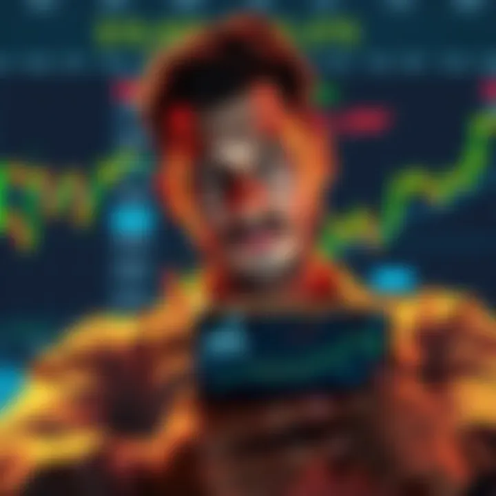 Litecoin Investment Decision A person contemplating a $30,000 investment in Litecoin, surrounded by graphs showing price trends and a smartphone displaying market updates.