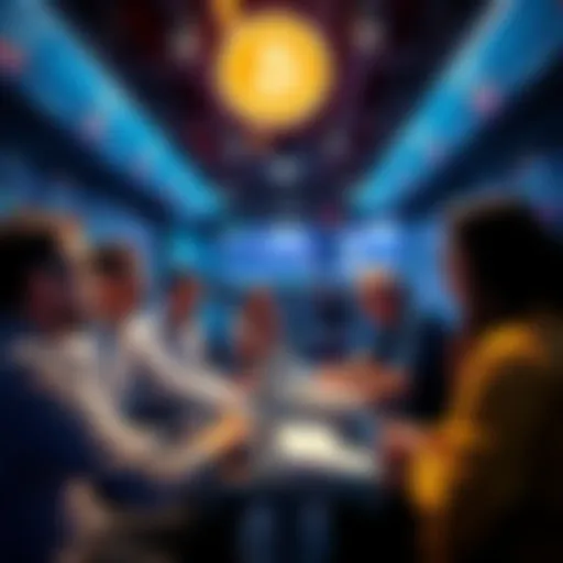 A group of people engaging in a lively discussion about Litecoin trading strategies and market analysis