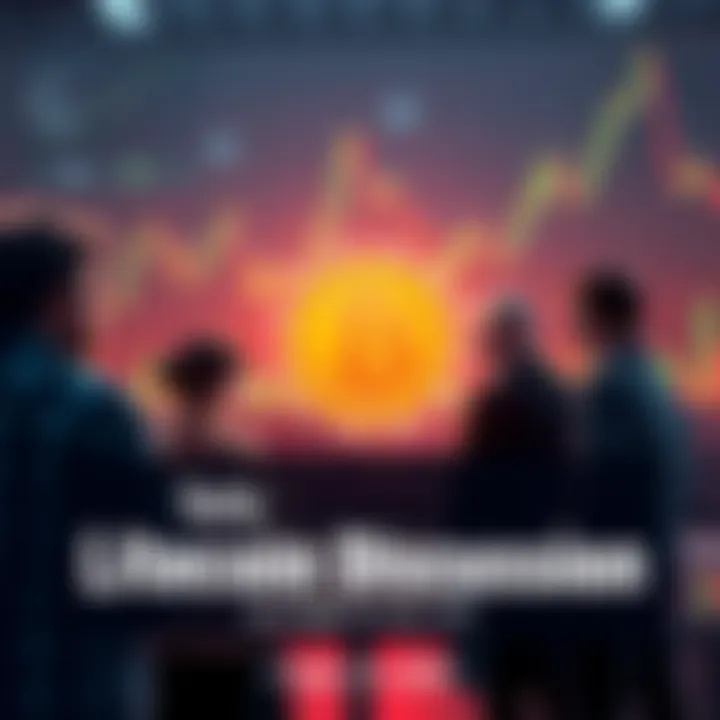 A graphic showing people discussing Litecoin trading strategies with charts and technical analysis in the background.