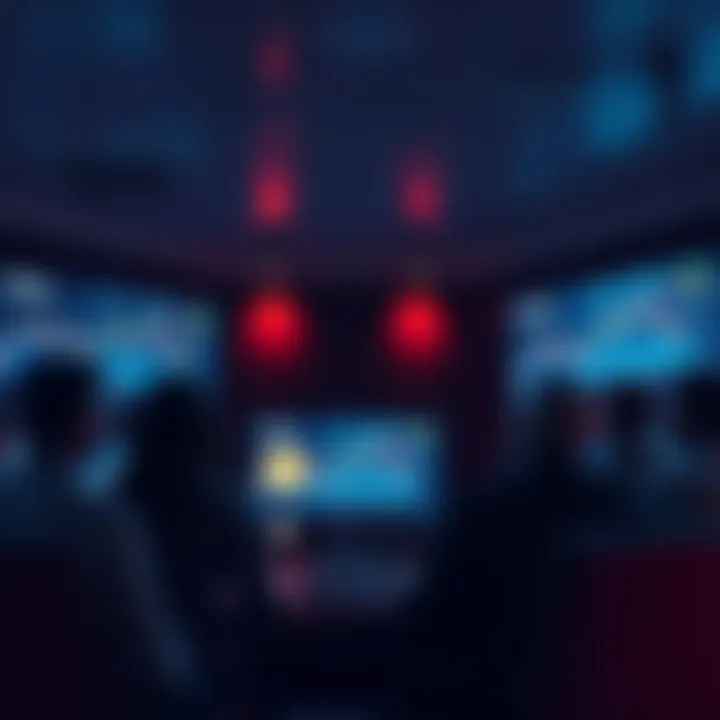 A group of people discussing theories about Litecoin price suppression in a dimly lit room with screens showing cryptocurrency charts.