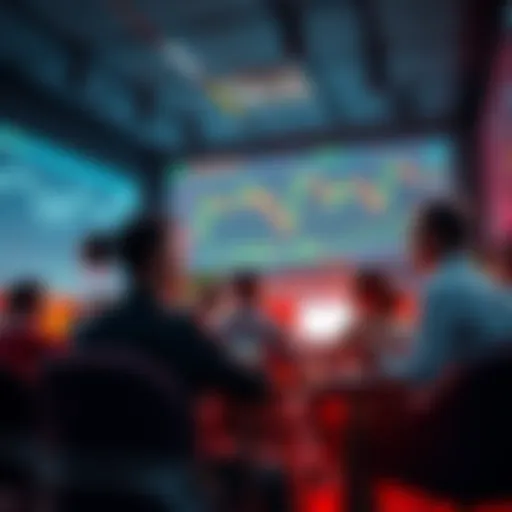 A group of people discussing Litecoin trading strategies in a lively forum setting, with charts and graphs on display.